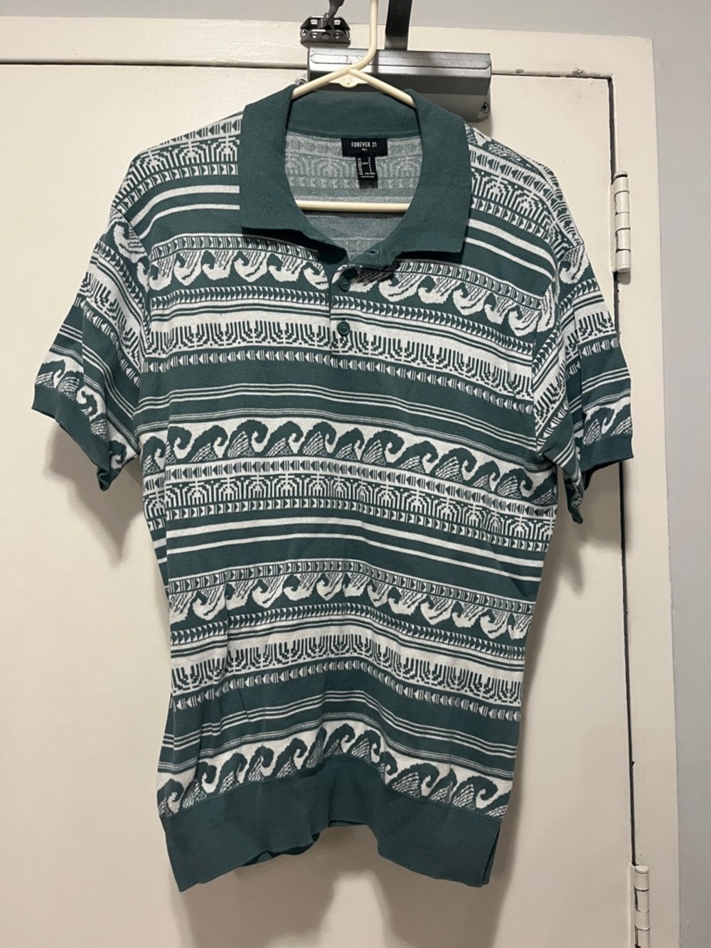 Retro Knit - Forever 21 Teal and White Patterned Polo - Men's